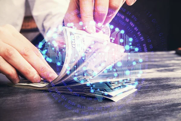 Multi Blootstelling Van Hersenen Tekenen Hologram Ons Dollars Biljetten Mannenhanden — Stockfoto