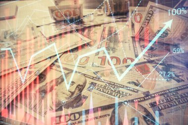 Forx grafiğinin çok sayıda görüntüsü bize dolar banknotları arka planında görünüyor. Finansal başarı piyasası kavramı.