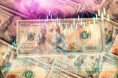 Forx grafiğinin çok sayıda görüntüsü bize dolar banknotları arka planında görünüyor. Finansal başarı piyasası kavramı.