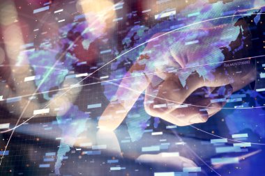 Dijital bir cihaz ve veri temalı çizim kullanan bir adamın el ele tutuşması. Yenilik kavramı.