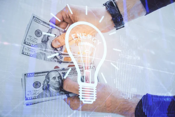 Multi Exponering Glödlampa Rita Hologram Och Usa Dollar Räkningar Och — Stockfoto