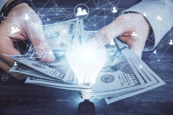 Multi Exponering Glödlampa Rita Hologram Och Usa Dollar Räkningar Och — Stockfoto