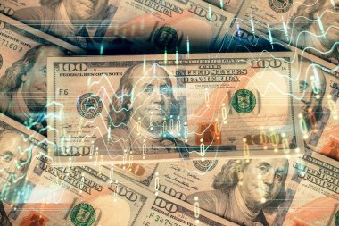 Forx grafiğinin çok sayıda görüntüsü bize dolar banknotları arka planında görünüyor. Finansal başarı piyasası kavramı.