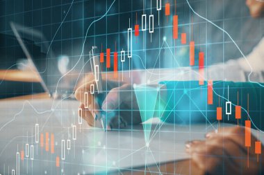 Ön x çizelgesinin arka plan notları alan insanların üzerini çizerken çift pozlama. Mali analiz kavramı