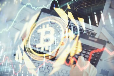 Bir adamın elini tutarken ve telefon ve kripto para birimi engelleme teması kullanırken çift pozlama.