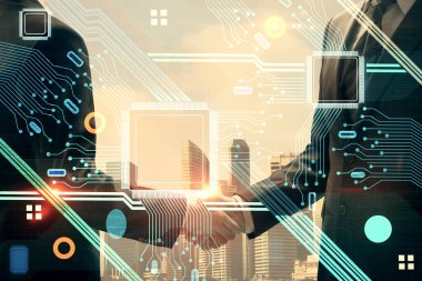 İki kişinin veri temalı hologramı ve el sıkışması. Bilişim endüstrisi konseptinde ortaklık.