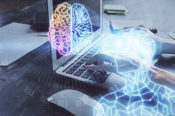 Double Exposure Woman Hands Typing Computer Man Glasses Drawing Education — Stock Photo, Image