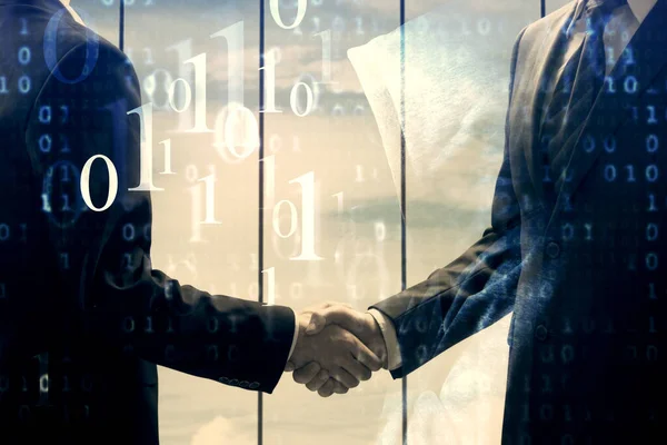 Double Exposure Data Theme Hologram Handshake Two Men Partnership Industry — Stock Photo, Image