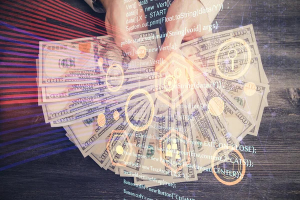 Multi Blootstelling Van Technologie Tekenen Hologram Ons Dollars Biljetten Mannenhanden — Stockfoto