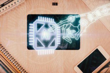 Çalışma masası üzerinde çoklu teknoloji temalı çizim. Üst Manzara. Küresel veri analiz kavramı.