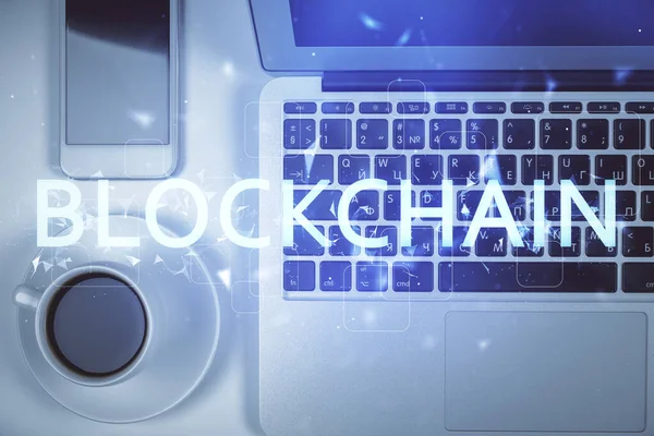 Blockchain Thema Hologram Tekeningen Computer Het Bureaublad Achtergrond Bovenaanzicht Dubbele — Stockfoto