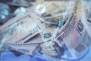 Önx grafiğinin arka plandaki dolarları iki katına çıkarması. Finans piyasası kavramı.