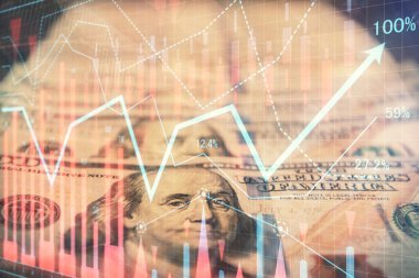 Önx grafiğinin arka plandaki dolarları iki katına çıkarması. Finans piyasası kavramı.