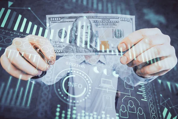 Multiexposure Van Tech Tekening Hologram Amerikaanse Dollars Biljetten Mannenhanden Technologieconcept — Stockfoto