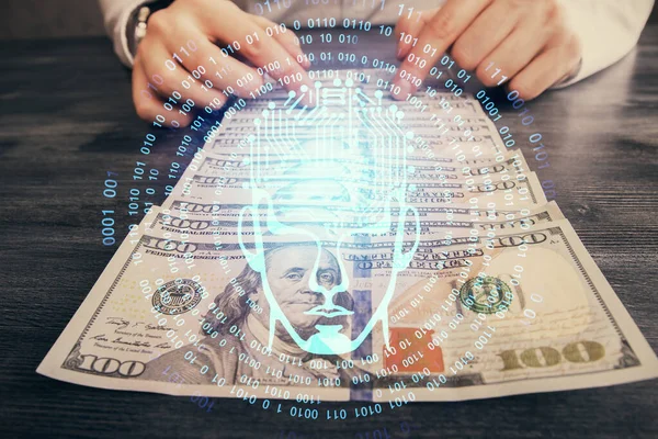 Wielokrotne Ujawnienie Hologramu Rysowania Mózgu Banknotów Dolarowych Ludzkich Rąk Koncepcja — Zdjęcie stockowe