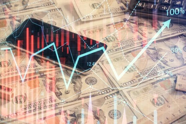 Önx grafiğinin arka plandaki dolarları iki katına çıkarması. Finans piyasası kavramı.