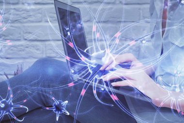 Kadın elinin bilgisayarda ve nöron çizimlerinde çifte pozlama. Eğitim kavramı.