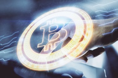 Bir adamın elini tutarken ve telefon ve kripto para birimi engelleme teması kullanırken çift pozlama.