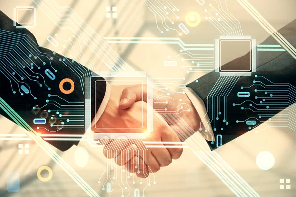 İki kişinin veri temalı hologramı ve el sıkışması. Bilişim endüstrisi konseptinde ortaklık.