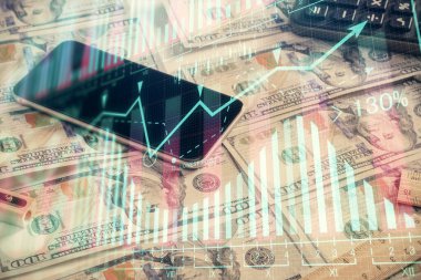 Önx grafiğinin arka plandaki dolarları iki katına çıkarması. Finans piyasası kavramı.