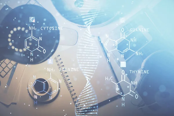 Dupla Exposição Desenho Tema Dna Veiw Mesa Trabalho Conceito Educação — Fotografia de Stock