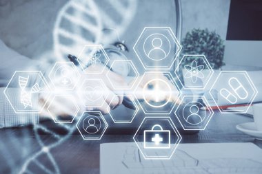 Bir adamın elini tutarken ve bir telefon ve DNA çizimi kullanırken iki kez görüntülenmiş. Tıp eğitimi kavramı.