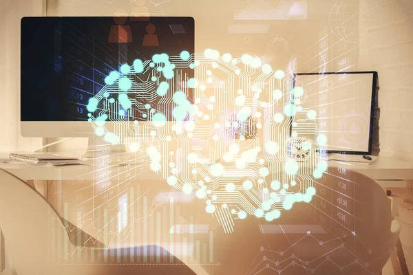 脳の図面やオフィスの内部背景のマルチ露出 データ技術の概念 — ストック写真
