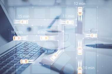 Otomatik pilot temalı çizim ve masa arkasında kahve ve eşyalar olan masaüstüne çifte pozlama. Teknoloji kavramı.