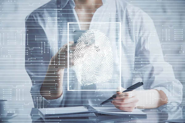 Double exposure of fingerprint hologram and woman holding and using a mobile device. Security concept.