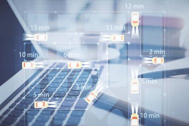 Otomatik pilot temalı çizim ve masa arkasında kahve ve eşyalar olan masaüstüne çifte pozlama. Teknoloji kavramı.