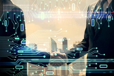 İki kişinin veri temalı hologramı ve el sıkışması. Bilişim endüstrisi konseptinde ortaklık.