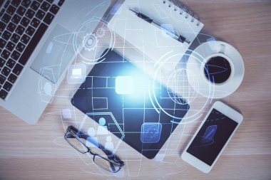 Sosyal ağ temalı çizimlerin telefon üzerinden çifte pozlandırılması. Üst Manzara. Kavram bağlayan insanlar.