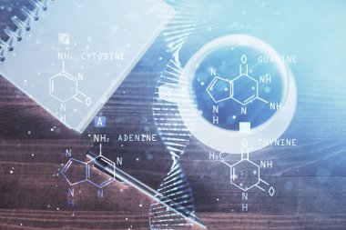 DNA temalı çizim ve çalışma masası üst veiw çift pozlama. Eğitim kavramı.