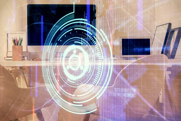 Veri teması çizimi ve ofis içi arka planına çifte maruz kalma. Teknoloji kavramı.