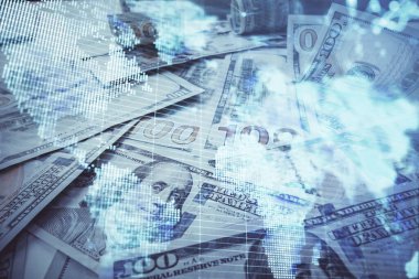 İşletme temasının çoklu pozu bize dolar banknotları üzerinden geçiyor. Finansal başarı kavramı.