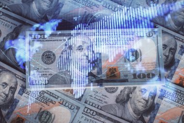 İşletme temasının çoklu pozu bize dolar banknotları üzerinden geçiyor. Finansal başarı kavramı.