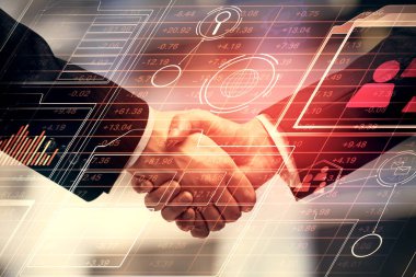 İki kişinin veri temalı hologramı ve el sıkışması. Bilişim endüstrisi konseptinde ortaklık.