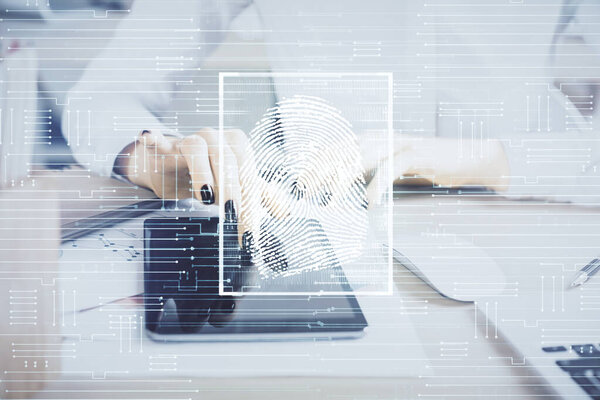 Double exposure of fingerprint hologram and woman holding and using a mobile device. Security concept.