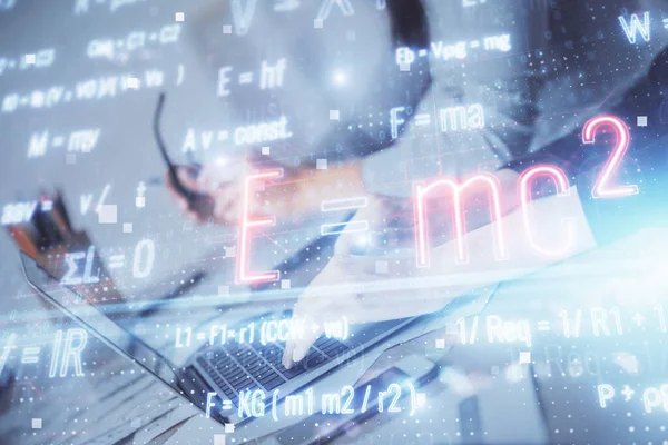 Double Exposure Woman Hands Typing Computer Formula Hologram Drawing Education — Stock Photo, Image