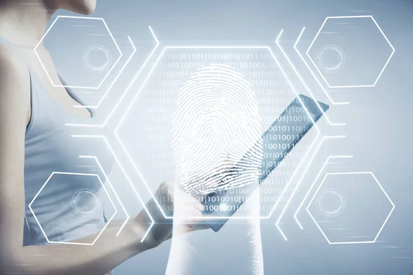 Double exposure of fingerprint hologram and woman holding and using a mobile device. Security concept.