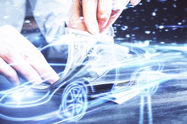 Teknoloji taksisine çoklu pozlama hologram, Amerikan dolarları ve erkek eli. Teknoloji konsepti.