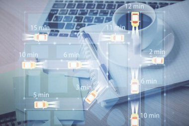 Otomatik pilot temalı çizim ve masa arkasında kahve ve eşyalar olan masaüstüne çifte pozlama. Teknoloji kavramı.