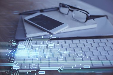 Veri teması çizimi ve cep telefonu arkaplanı çift pozlama. Yenilik kavramı