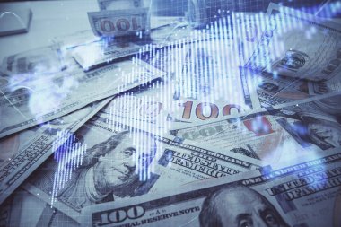 İşletme temasının çoklu pozu bize dolar banknotları üzerinden geçiyor. Finansal başarı kavramı.