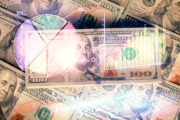 ドル紙幣の背景に描かれた外国為替チャートの複数の露出 金融成功市場の概念 — ストック写真
