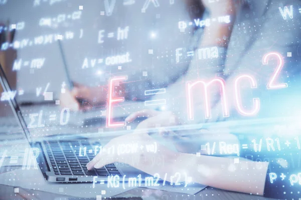 Double Exposure Woman Hands Typing Computer Formula Hologram Drawing Education — Stock Photo, Image