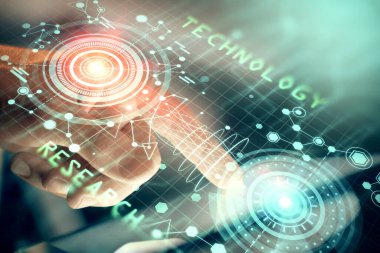 Dijital bir cihaz ve veri temalı çizim kullanan bir adamın el ele tutuşması. Yenilik kavramı.