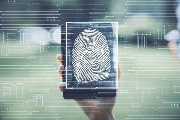 Double exposure of fingerprint hologram and woman holding and using a mobile device. Security concept.