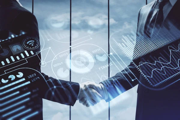 テクノロジーホログラムと2人の男の握手の二重露出 取引の概念 — ストック写真