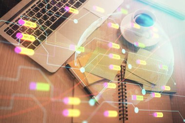 Harita hologramının çalışma masası arkaplanını bilgisayarla çizerken çift pozlama. Uluslararası ağ kavramı. Üst görünüm.